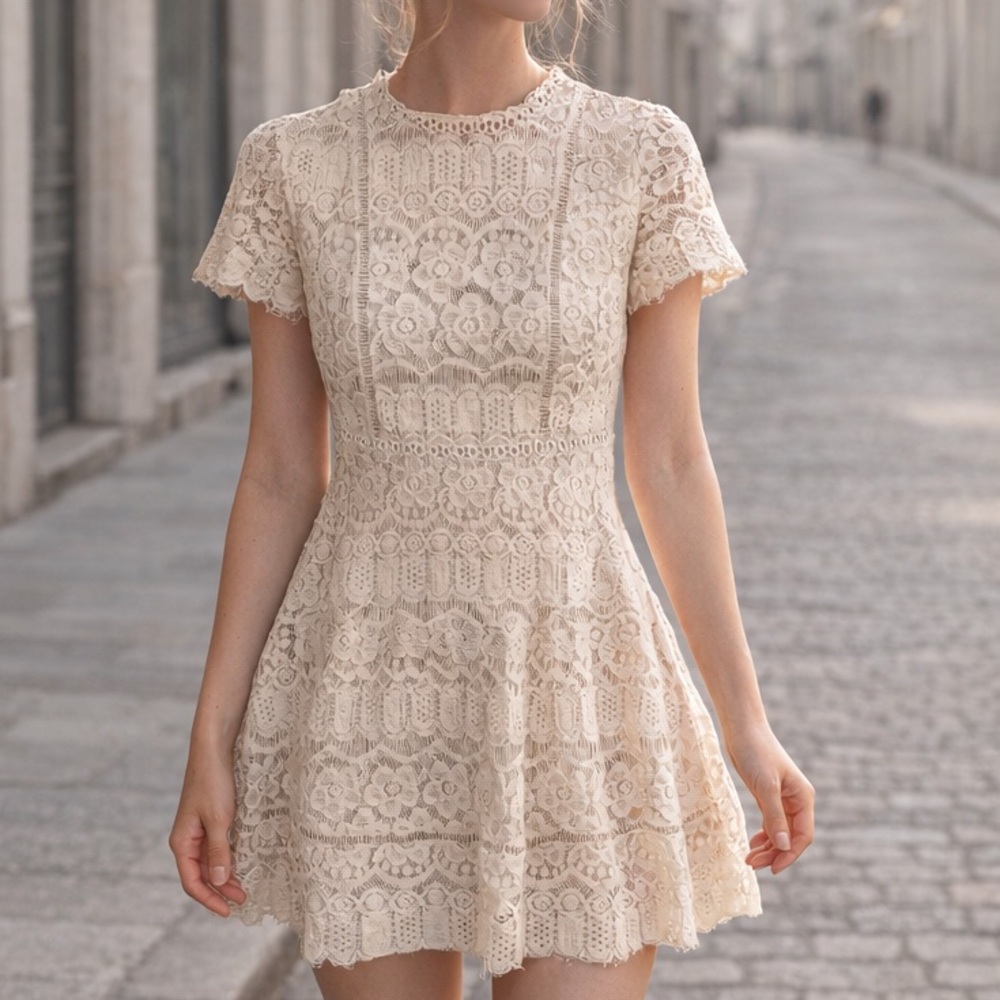 Blu Pepper Cream Lace Mini Dress with Short Sleeves